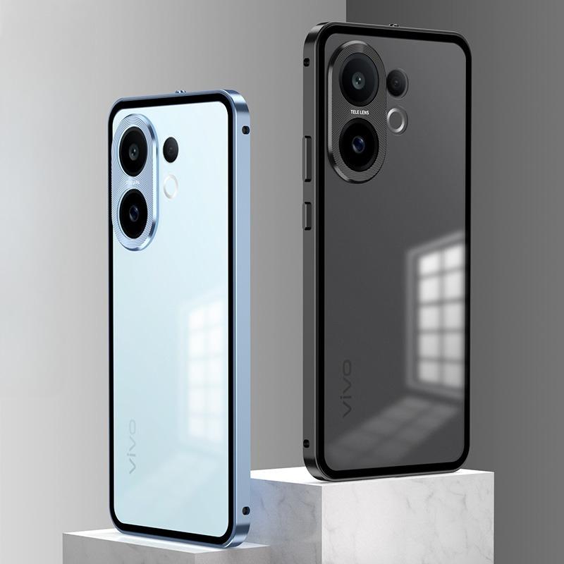 

Shockproof Hard Cover For VIVO X200 FE Aluminium Alloy Metal Frame Bumper+Tempered Glass Back Case For VIVO S30 Pro Mini S 30 For VIVO S30Pro mini чорний