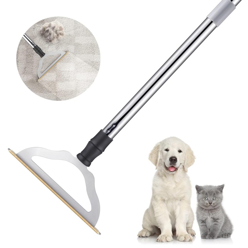 Carpet rake with adjustable long reusable large metal pet hair remover perfect for carpets and dog and cat hair remover handle, brush, low-pile
