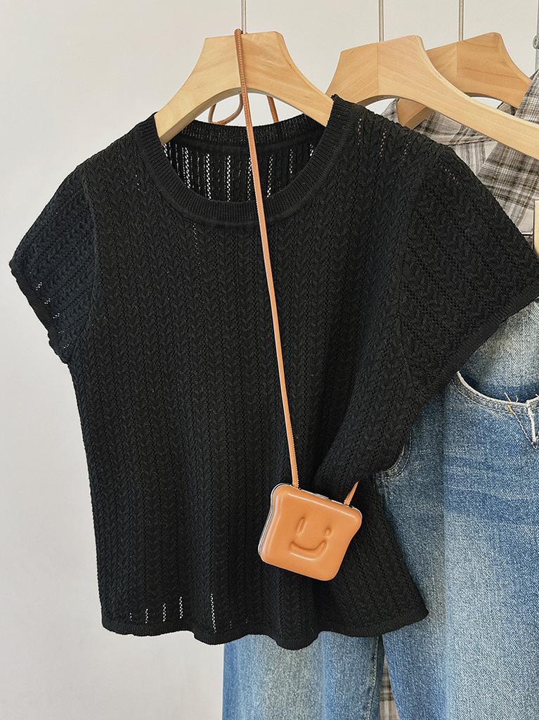 Thin Ice Silk Hollowed-out Knitted Sweater Short-sleeved T-shirt Women's Summer New Round Neck Slim-fitting and Thin Versatile Short Top