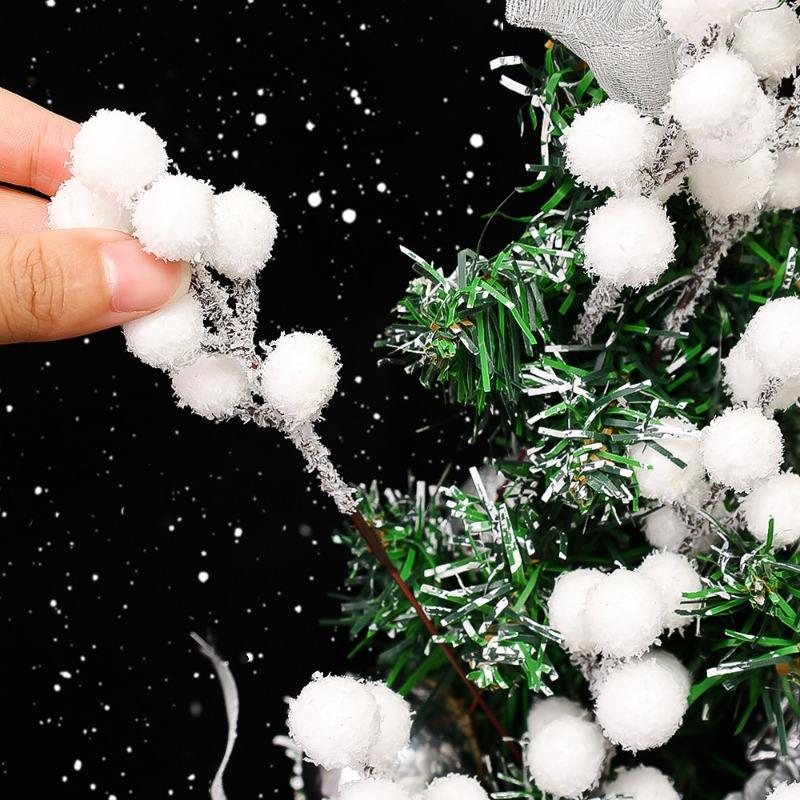 100/5PCS Christmas White Berries Flower Fake Plant Artificial Snow Tipped Berry Branches Holly Twig Stem Stamen Wreath Ornaments