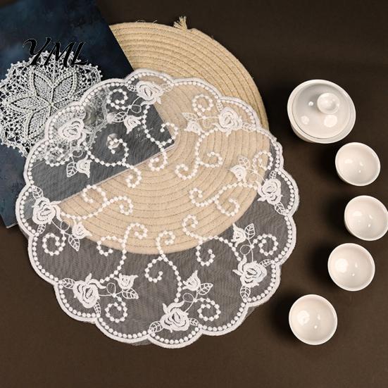 Retro European Style Table Linens Lace Placemat, White Floral Doilies, Embroidered Mat, Elegant Photo Backdrop Prop Sheer Mesh Doily for Tea