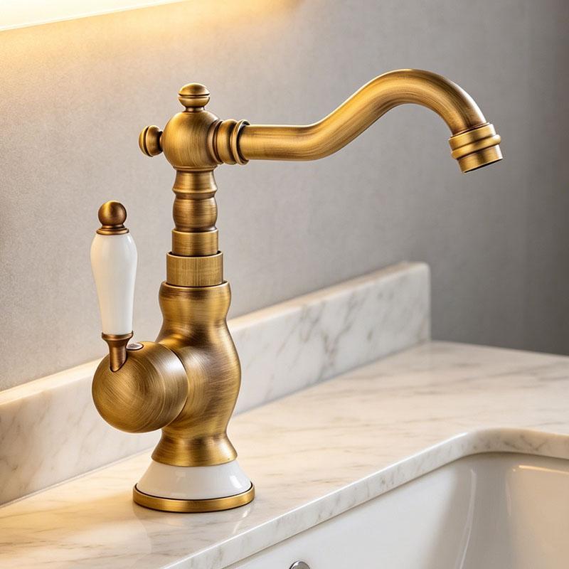 Antique Brass Deck Mounted Basin Faucet - Single Handle Single Hole Bathroom Sink Mixer, Hot & Cold Tap