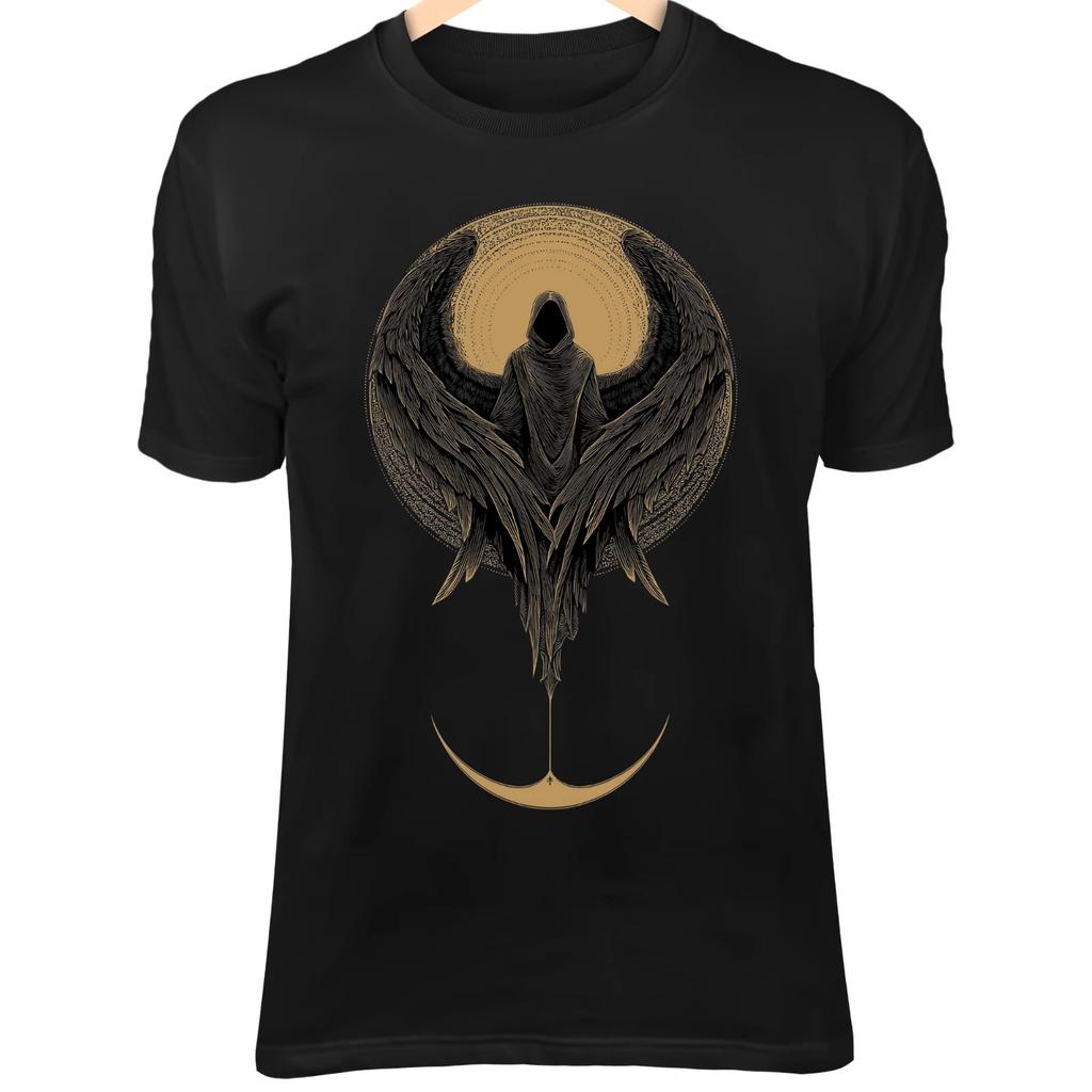 Moon Reaper II T-Shirt – Skull Face, Black Wings, Crescent Balance, Gothic Art