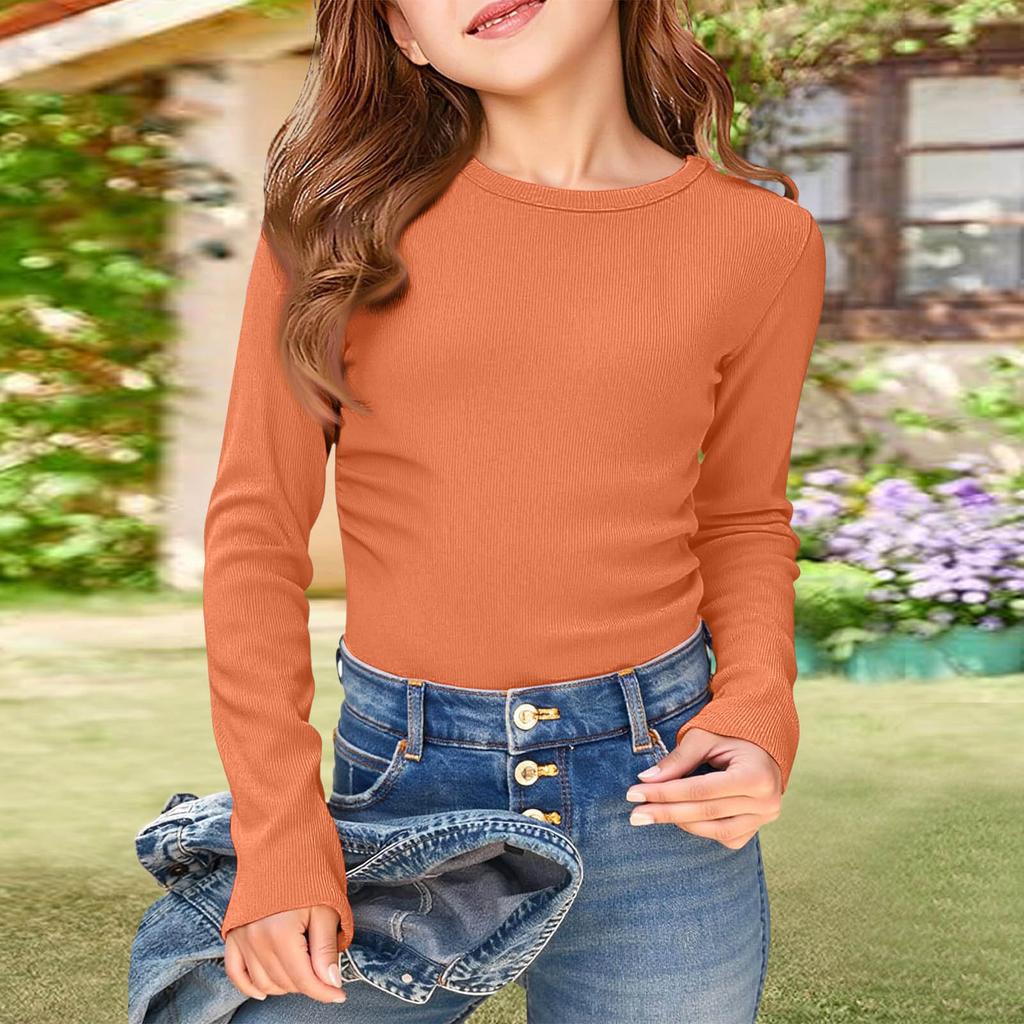 Girls' Ribbed Tee - Long Sleeve Round Neck Casual Top