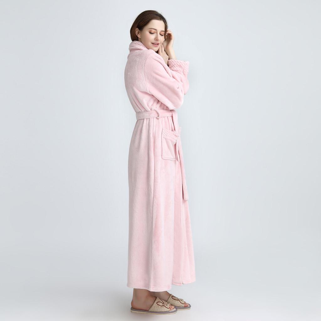 Women Solid Thicken Velvet Robe Bathrobe Gown Pajamas Sleepwear Pocket Waistband