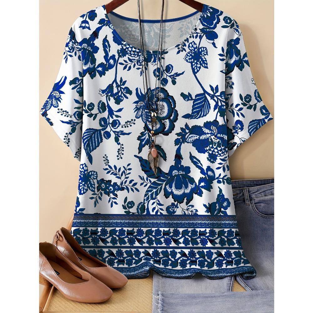Summer Women Pattern Splicing Flower 3D Printed Short Sleeved T-shirt Fashionable Comfortable Soft Breathable Large Loose Retro Style T-shirt