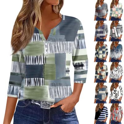 Women's T Shirt Tee  Printed Button  3/4 Sleeve Tunic Daily Weekend Fashion Basic V- Neck Regular Top