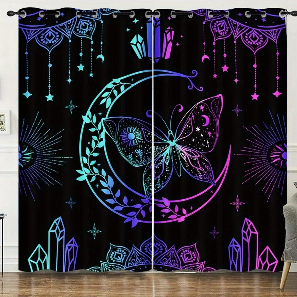 

2pcs Bohemian Moon & Butterfly Blackout Curtains - Vibrant Celestial Design Darkening Window Treatments for Bedroom & Living Ro 100*130 Rod Pocket 1pcs
