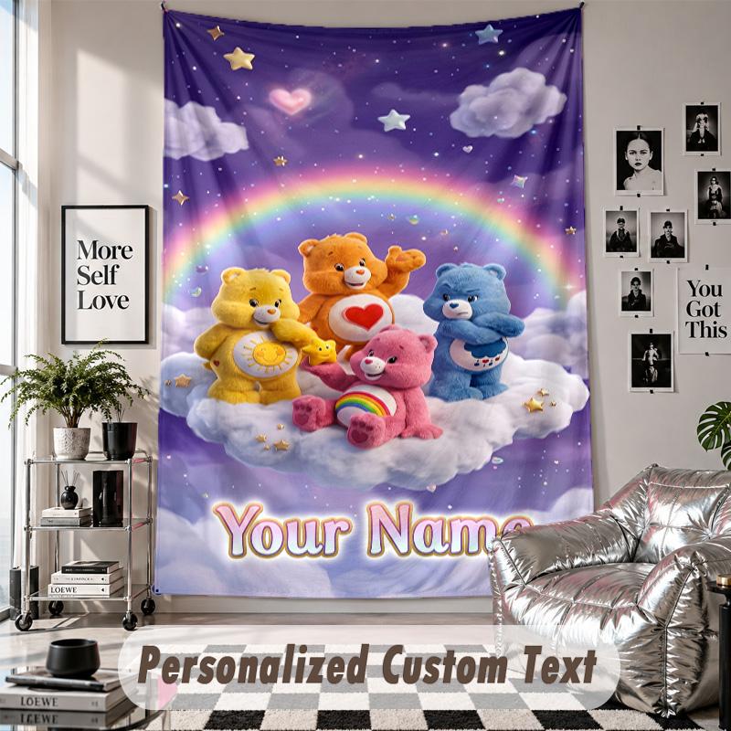 Wall Hanging Tapestry With Custom Name & Text, Care Bears Decorative Tapestry For Bedroom