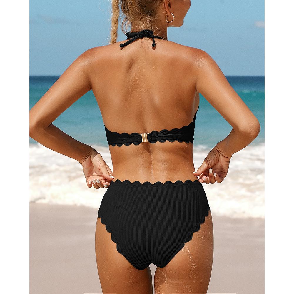 CHARMLEAKS Women's Two Piece Bikini Set Halter Neck Padded Wavy Edge Hollow Out Swimsuit Solid Swimmingwear