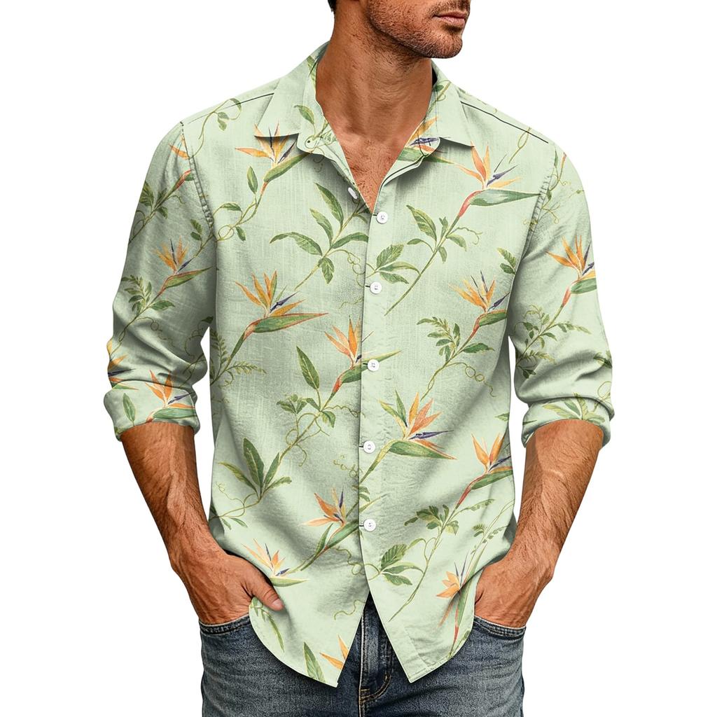 Men's Loose Fit Long Sleeve Shirt Vintage Style Casual Button Down Shirt with Spread Collar Suitable for Spring and Autumn