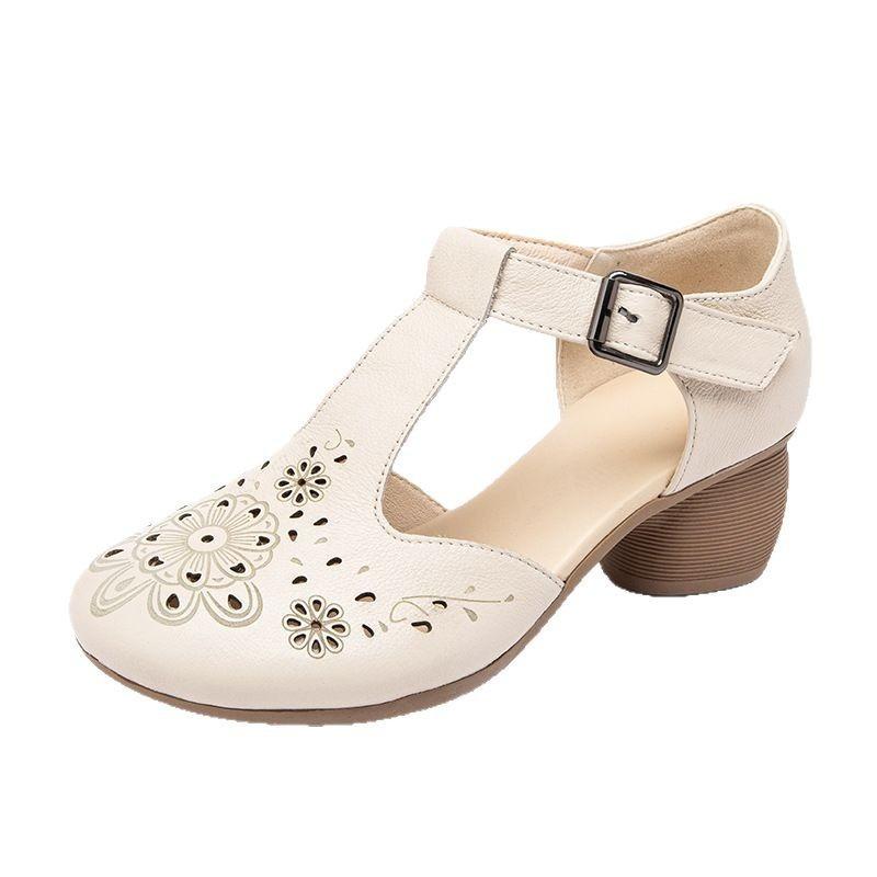 Mom Baotou hollow sandals summer new leather soft sole lightweight non-slip hollow women's sandals