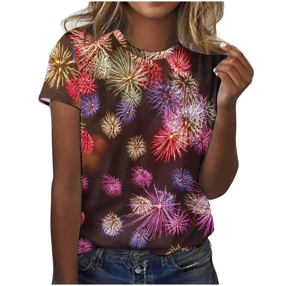 Fireworks Show 3D Digital Printed Women's Personalized and Fashionable Round Neck Short Sleeved T-shirt