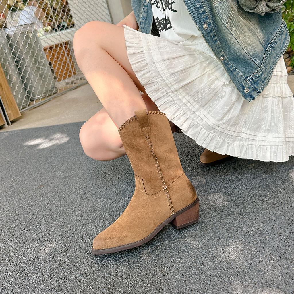 Leather Western Cowboy Boots Knight Boots Women's Maillard Skinny Thick Heel Pointed Short Boots Vintage Medium Martin Boots