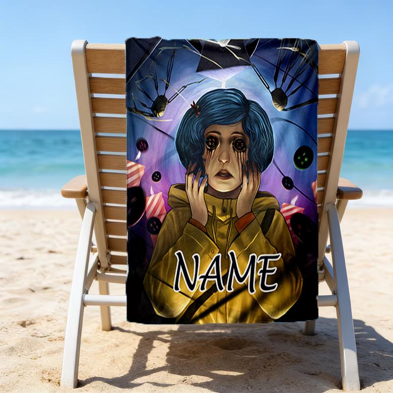 1pc Coraline5 Beach Towel with Custom Name, Beach/Swimming/Bath/Picnic/Camping Towel, Suitable for Seaside Beaches