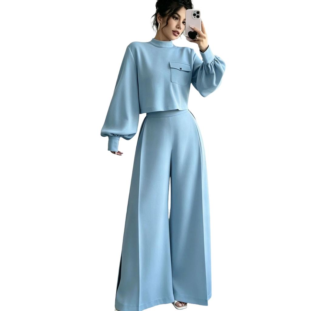 Women's Color Loose Fit Two Piece Set with Wide Leg Pants and Long Sleeve Top