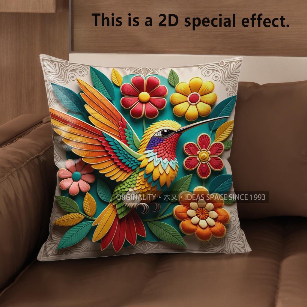 2D Bohemian Hummingbird Floral Throw Pillow Covers Pattern Cushion Cover Suitable For Sofa Bedroom Car Pillow Cover