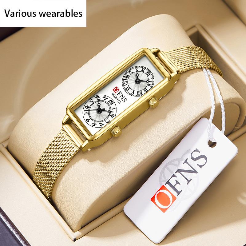 Klasyczny damski zegarek kwarcowy z kwadratowym paskiem z siatki i podwójnym czasem Zegarek kwarcowy z rzymską skalą