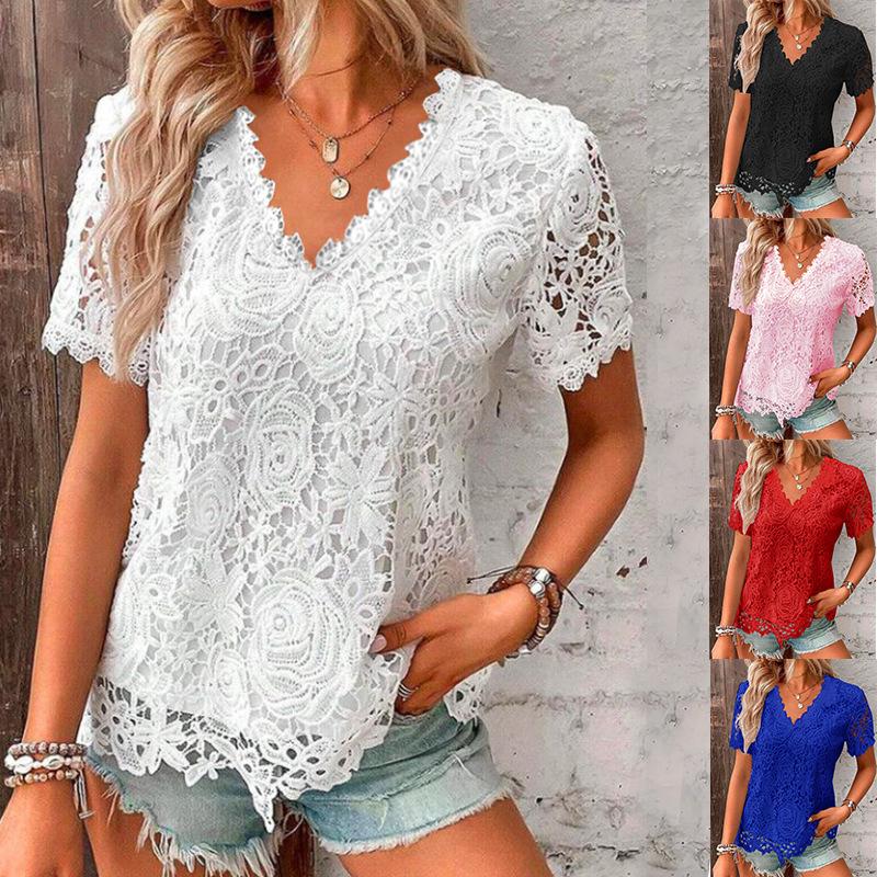 Zomer Korte Mouw Plus Size Kant Wit Shirt Vrouwen Tops V-hals Mode Uitgehold Shirt Vrouwelijke Casual Losse Elegante Kantoor Dames Shirts 878