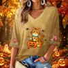 Women's Casual V-Neck Halloween Print Three-Quarter Sleeve Blouse for Halloween Party