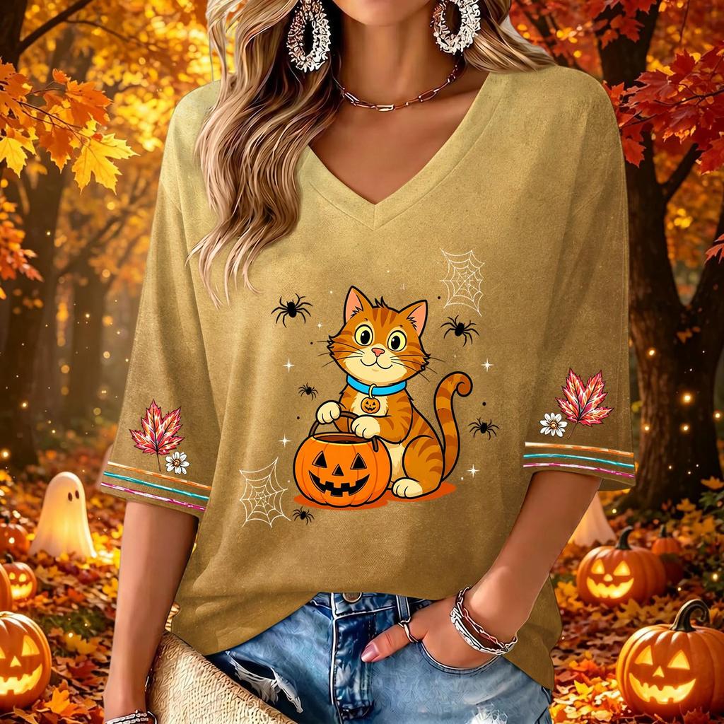 Women's Casual V-Neck Halloween Print Three-Quarter Sleeve Blouse for Halloween Party