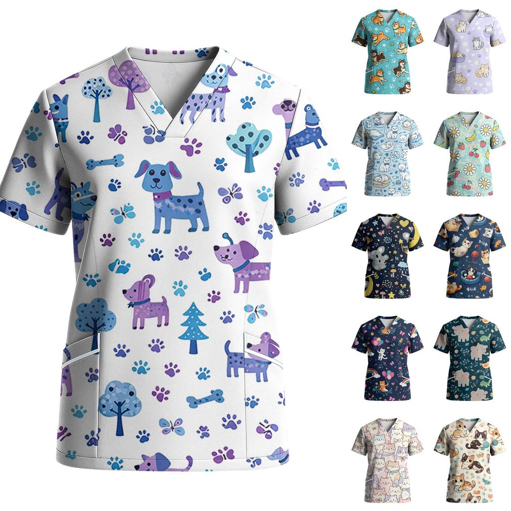 Women's Stretch Quick-Dry V-Neck Short Sleeve Workwear Top with Animal Print & Pockets