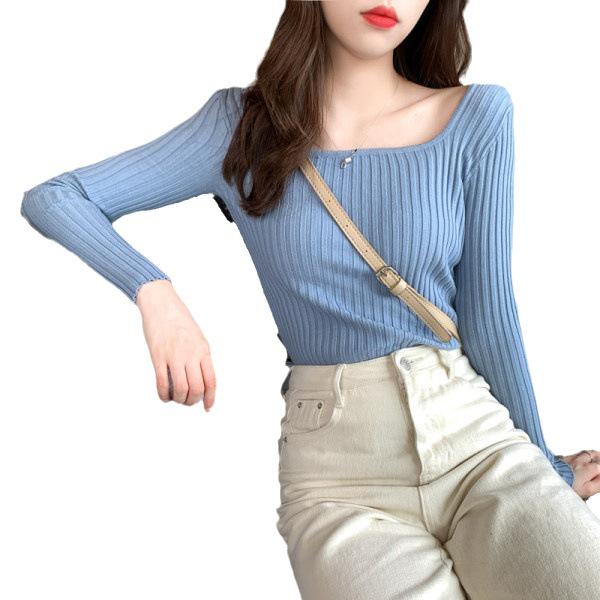 "2023 Autumn/Winter Korean Slim Square Neck Long-Sleeve Knitted Sweater for Women"