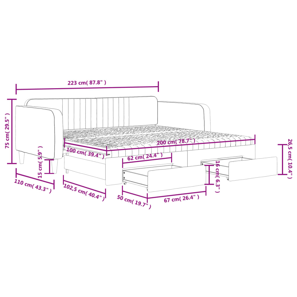 Extendable Daybed with Drawers Pink 100x200 cm Velvet