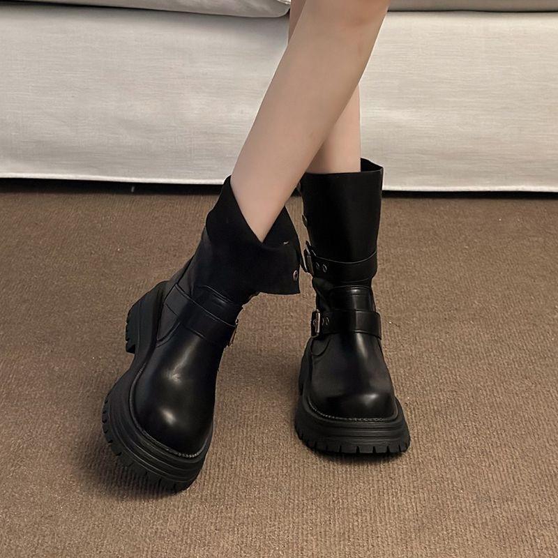 Brown retro thick heel thick-soled Martin boots women's new autumn and winter British style slimming and heightening medium boots