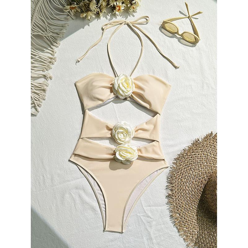 

Однотонный купальник халтер без спины с 3D-цветком, сексуальный цельный купальник, женский купальный костюм для плавания, бикини с вырезами L белый