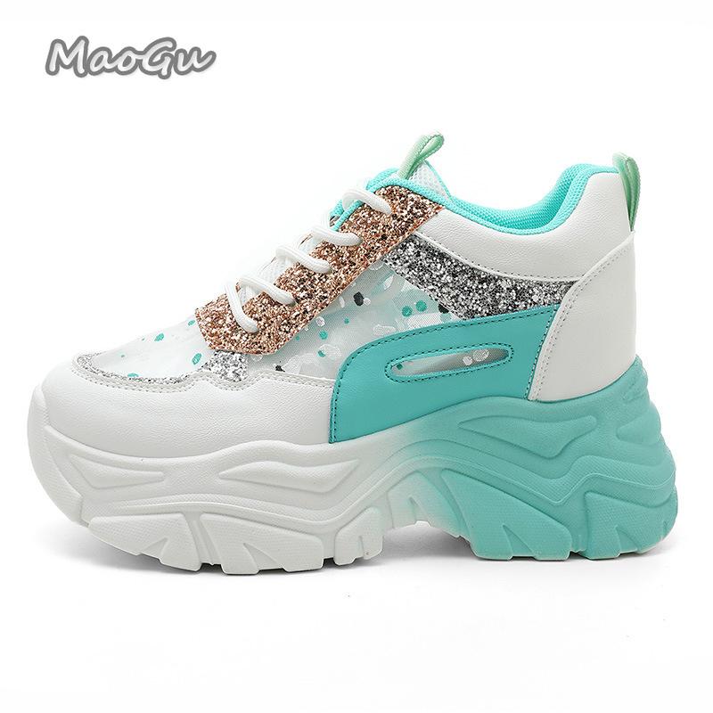 Fashion Shoes for Women Platform Sneakers Summer Women Casual Breathable Mesh Sequin Sneakers Wedges Sports Lace-up Non-slip Shoes