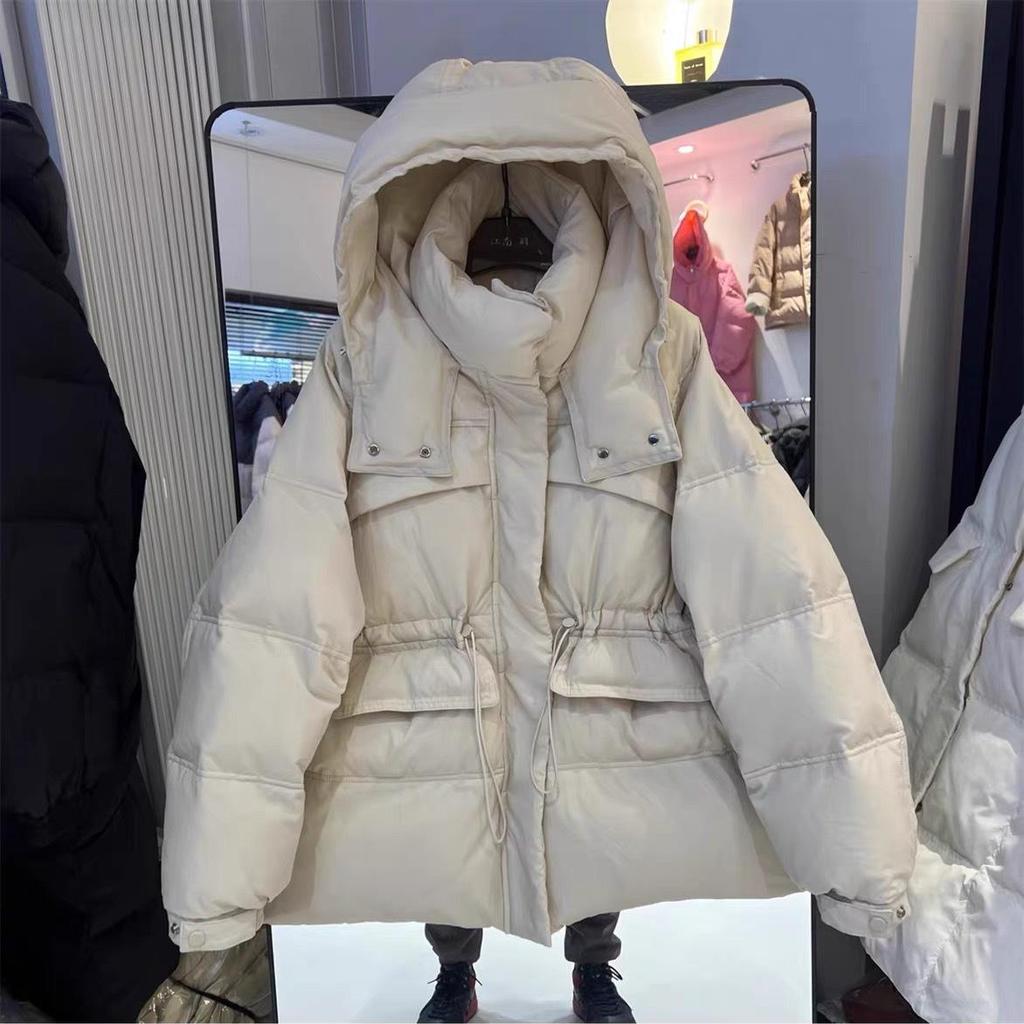 Women's Autumn Winter Down Jacket Short Hooded Single Breasted Loose Adjustable Waist Straight Tube White Duck Down Coat