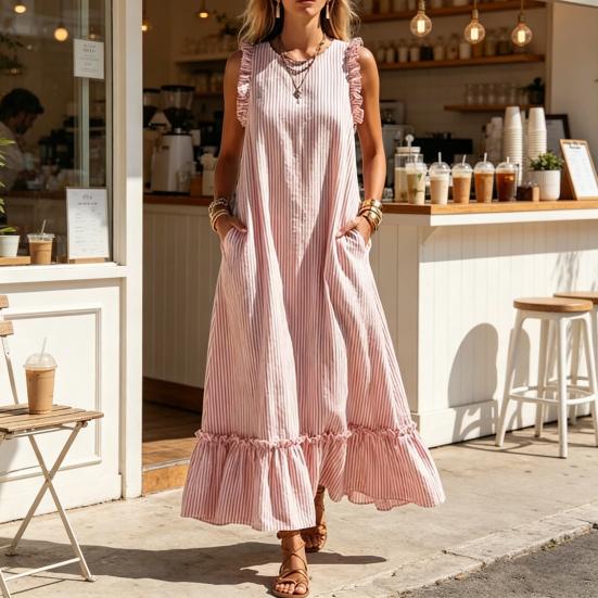 Sommer Gestreiftes Maxikleid für Damen Rundhalsausschnitt Ärmellos Rüschen A-Linie Schwingendes Kleid Strand Freizeit Fließendes Sommerkleid mit Taschen