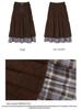 Japanese Retro Brown Plaid Double-Layer Cake Skirt for Women - Autumn/Winter Fake Two-Piece Design 