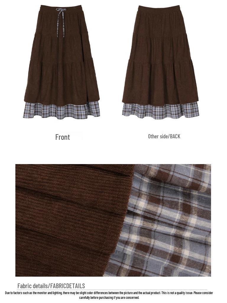 Japanese Retro Brown Plaid Double-Layer Cake Skirt for Women - Autumn/Winter Fake Two-Piece Design 
