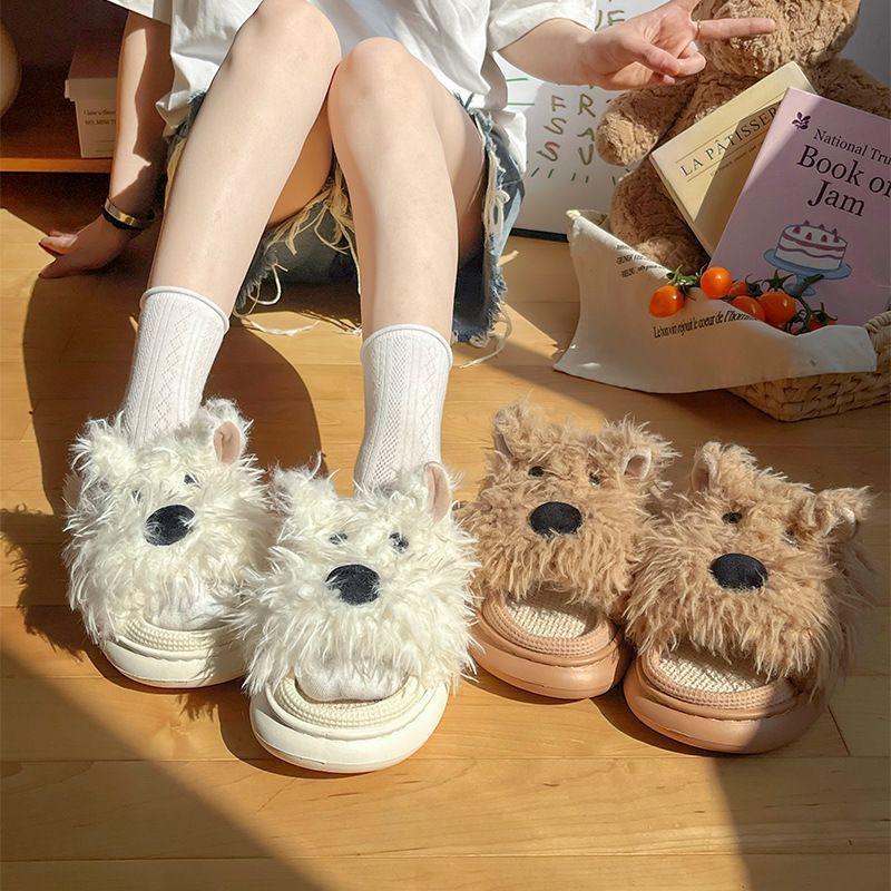 Red Book Cartoon Puppy Summer Linen Slippers - Thick Sole, Soft Cotton, Perfect for Girls' Home Use