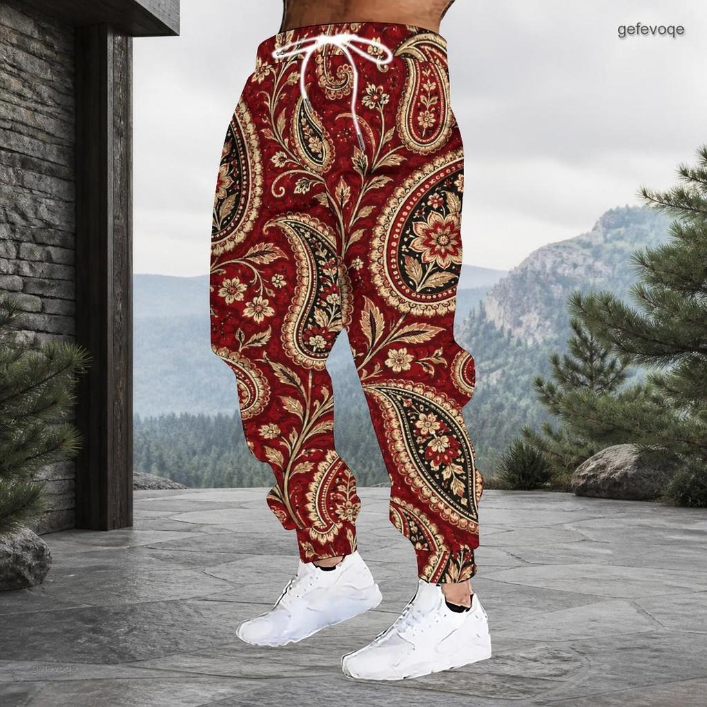 Men Plus Size Red Paisley Printed Drawstring Waist Jogger Pants Side Pockets Cuffed Ankle
