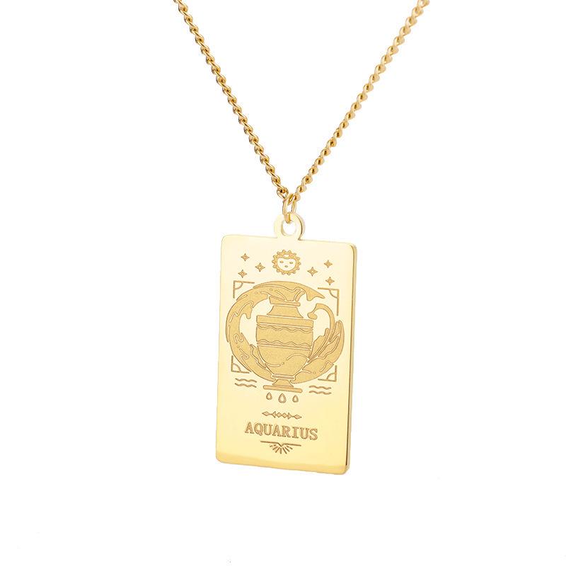 European 12 Constellations Stainless Steel Square Pendant Necklace for Men & Women - Retro Hip Hop Style Titanium Steel Jewelry