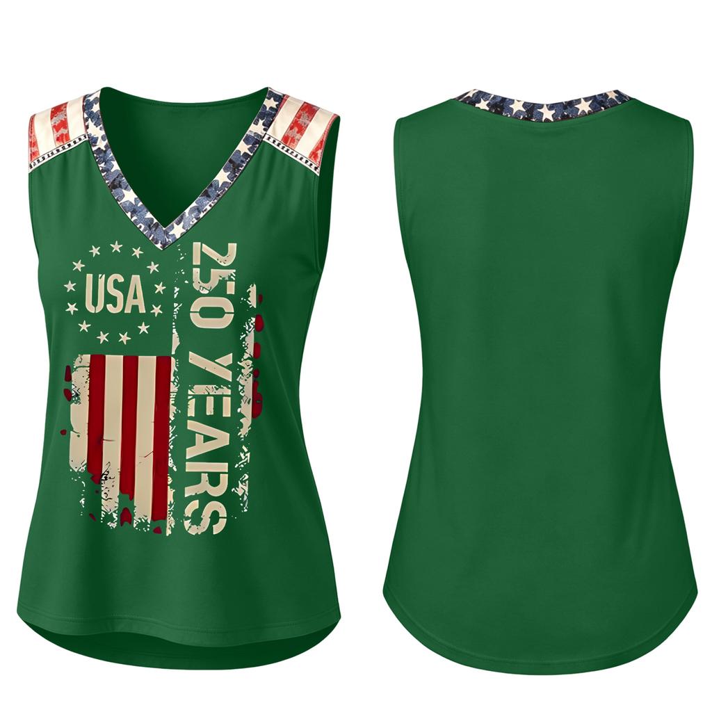 Women V Neck Casual Sleeveless Top with Independence Day Print Loose Fit Pullover Tank for Summer Daily Wear