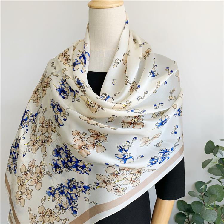 Silk Spring And Autumn Silk Temperament Floral Long Mulberry Silk Silk Scarf Versatile Scarf Sunscreen Shawl