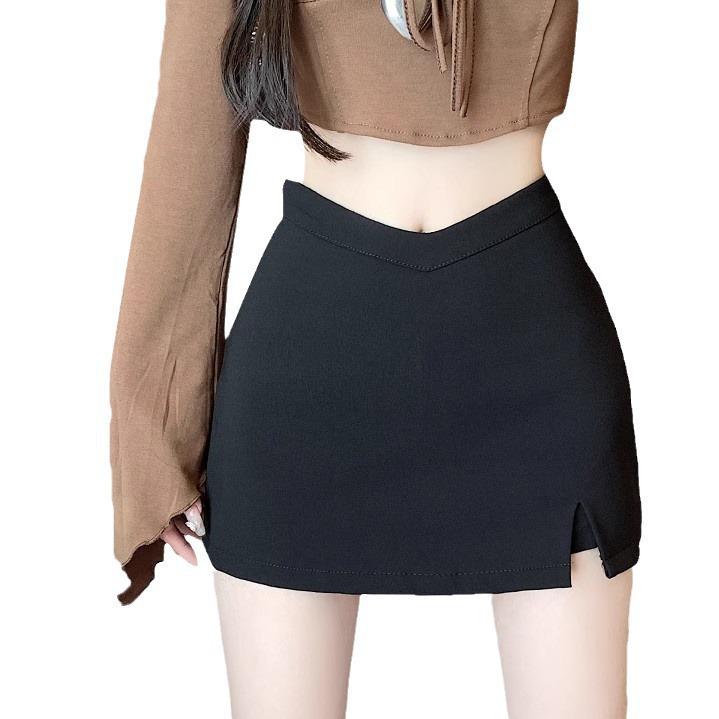 Spring/Summer 2024 Black A-line High Waist Stretch Slimming Midi Skirt with Slit - Hot Girl Edition