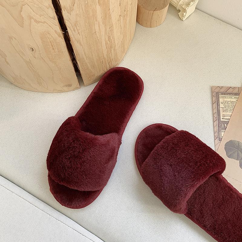 Cozy Plush Cotton Slippers for Women - Indoor Autumn/Winter Open Toe, One-Strap, Flat Bottom, Plus Size