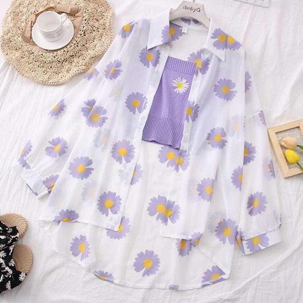 

WTEMPO женские весенне-летние универсальные тонкие шифоновые рубашки с длинными рукавами с принтом маргариток, большие размеры, свободные солнцезащитные дышащие рубашки, пальто с пуговицами M фиолетовый