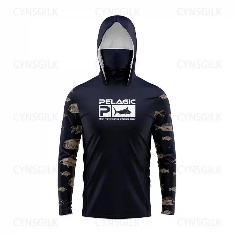 Mens Hooded Fishing Shirt With Face Cover Breathable UV Protection Long Sleeve Quick Dry Outdoor Apparel