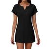 Women's Casual Solid Color Short Sleeve Dress with Embroidered V-Neckline Lightweight Summer Beachwear Tunic Dress