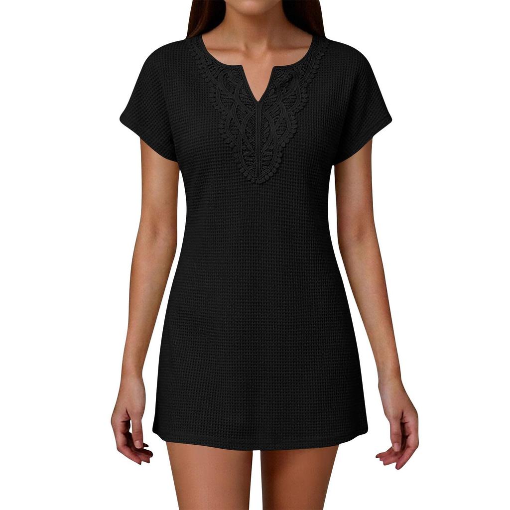 Women's Casual Solid Color Short Sleeve Dress with Embroidered V-Neckline Lightweight Summer Beachwear Tunic Dress