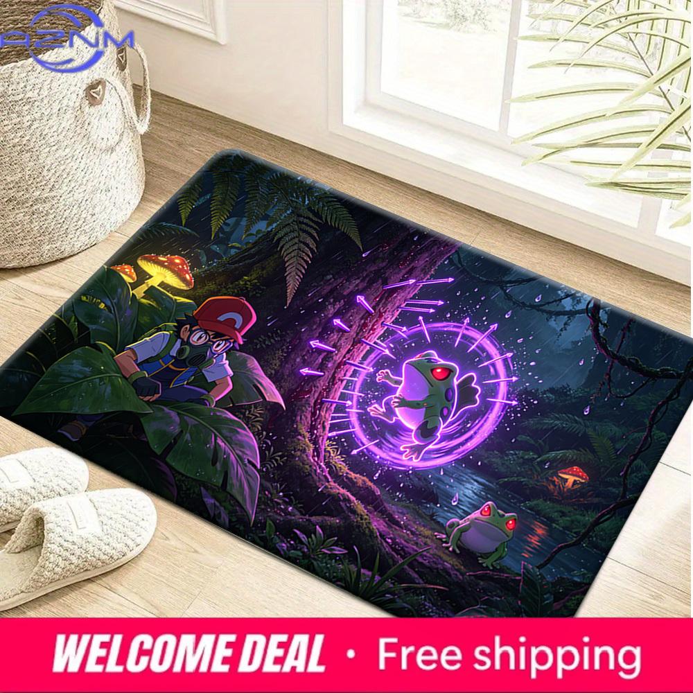 Ash Ketchum & Bulbasaur Neon Purple Forest Print Non-Slip Doormat Soft Floor Mat 40x60cm