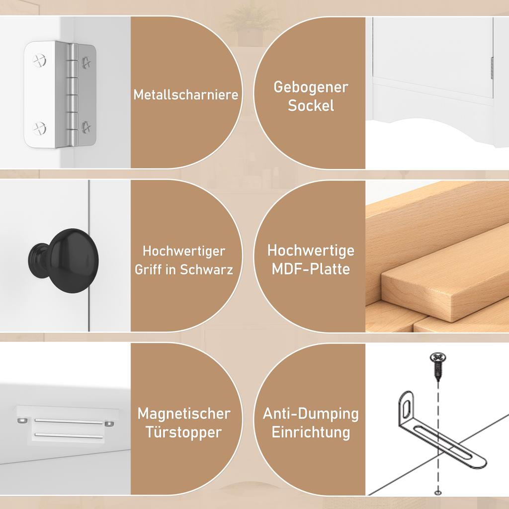 Dreieckiger Badezimmerschrank, Vollständig lackiert, Zwei offene Regalfächer, Zwei Schranktüren, Verstellbare Einlegeböden, Einfache Form, Weiß