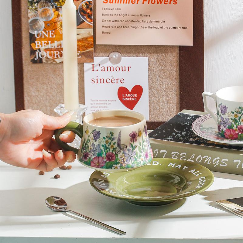 Retro Idyllic Coffee Cup Saucer Antique Oil Painting Green Lily Of The Valley Ceramic Cup Saucer Afternoon Tea Cup