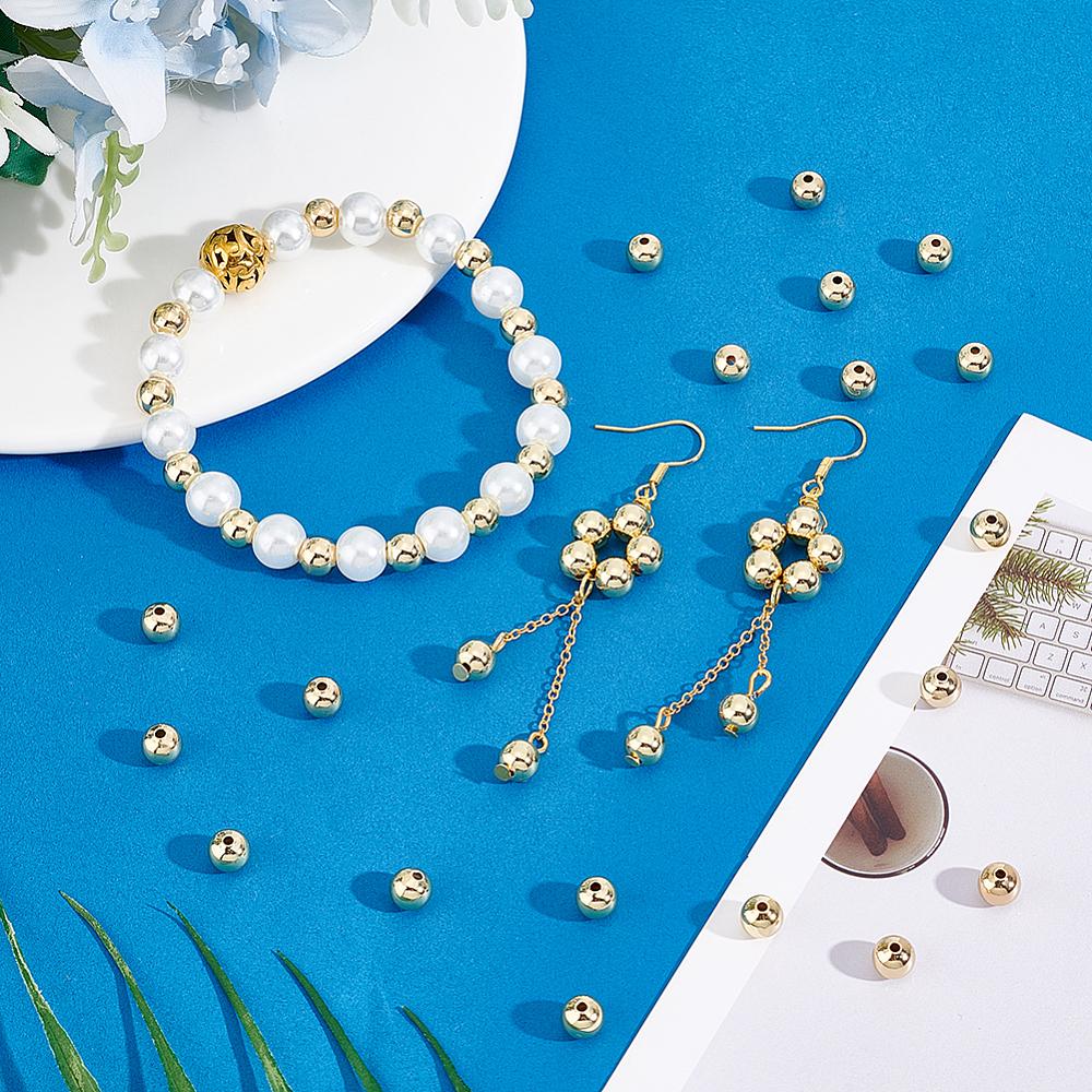 100Pcs Brass Beads, Long-Lasting, Round, Real 18K Gold Plated, 6mm, Hole: 1.2mm